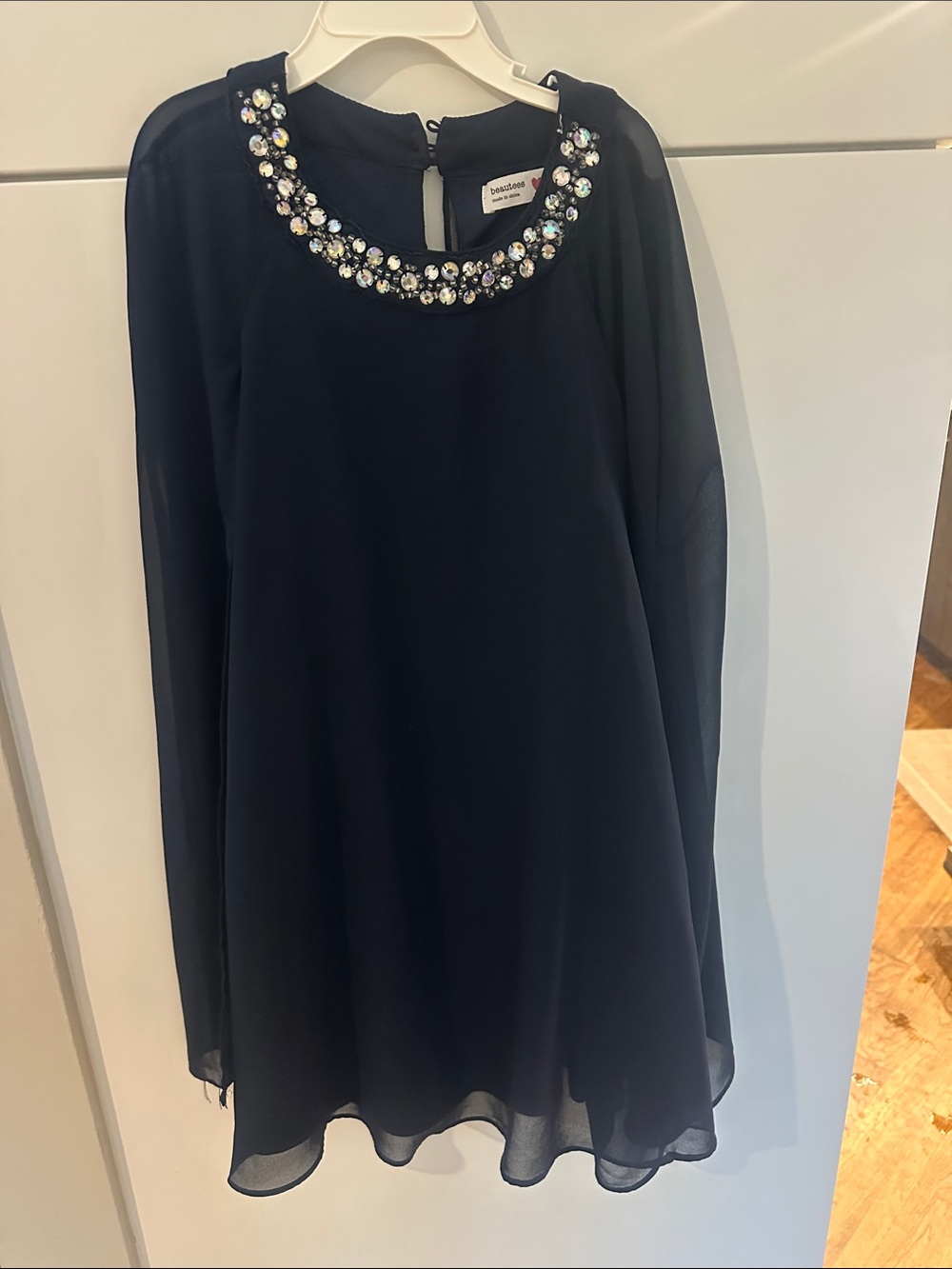 Beautees Navy Chiffon Jewel-Neck Long Sleeve Dress